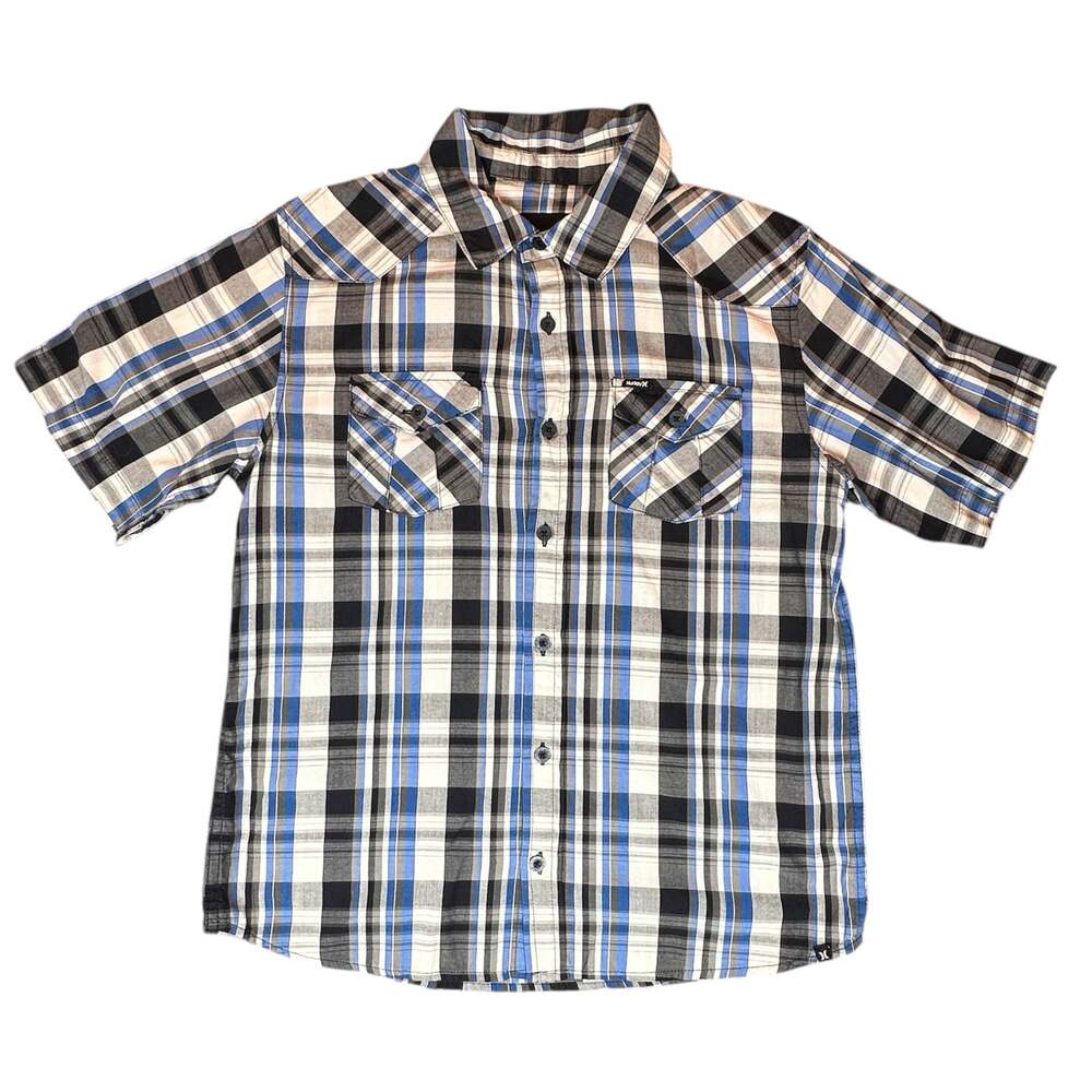 Hurley Mens Shirt Medium Blue White Black Plaid Short Sleeve Button Up Classic
